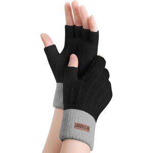 Women's Black Gray Fingerless Half Finger Knitted Mittens Gloves Cold Weather